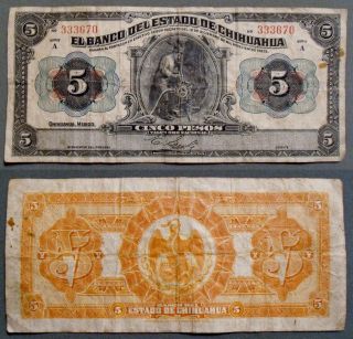 Mexico, 5 Pesos El Banco del Estado de Chihuahua Dic 12 1913 PS132a