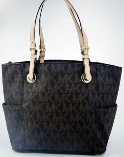 Michael Kors Womens Handbag Brown PVC Monogram Signature E W Tote Bag