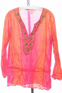 MICHAEL KORS L 12 14 orange pink SEQUIN TUNIC vneck LS shirt top