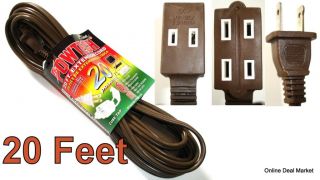 20 BROWN Extension POWER Cord 2 Prong 3 Outlet LONG UL