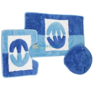 Blue Acrylic Fiber Bathroom Rug + U shape Mat + Toilet Lid Cover Set