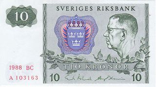 SWEDEN 10 KRONOR, 1988, P 52e, KING GUSTAV VI ADOLF