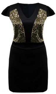 Ladies Plus Size Black & Gold Sequin Detail V Neck Dress #794