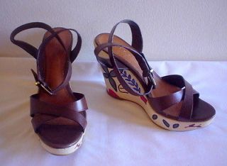 ALDO Brown Leather tribal painted Wedge Platform Sandals Sz 8