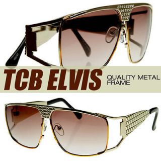 Metal Elvis Style Glasses Sunglasses w/ Rhinestones (Shiny Gold/Amber
