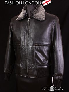 PILOT Black Mens Fur Collar Lambskin Leather Cool Short Aviator