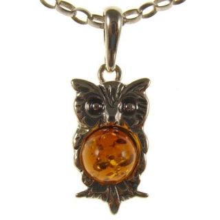 BALTIC AMBER STERLING SILVER 925 OWL BIRD PENDANT NECKLACE CHAIN