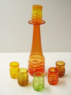 Impressive Contemporary Art Glass Cordial Set Hand Blown Signed Rossi