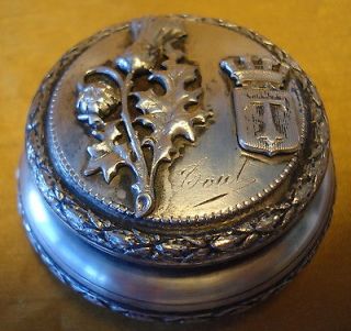 Antique SILVER PLATE Jar/Trinket Box w Thistle, T & Crown Signed