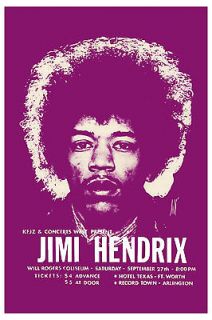 Classic Rock Jimi Hendrix at Fort Worth Texas Concert Poster Circa
