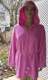 Adonna 2X Pink Fleece Front Zip Pom Pom Hooded Bed Jacket Short Robe