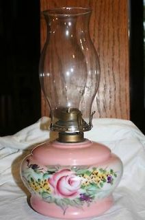 Antique Queen Anne #2 OIL Hurricane LAMP Pink Glass Hand painted ROSE