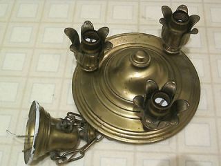 Vintage Brass Pan Chandelier Three 3 Sconce Light Fixture, Antique