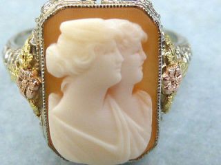 ANTIQUE ESTATE 14 FILIGREE WHITE/YELLOW GOLD CARVED DOUBLE CAMEO RING