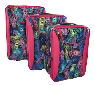 Piece Peacock Print Rolling Luggage Set with Hot Pink Trim
