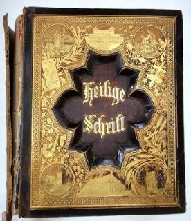 1881 antique GERMAN LEATHER FAMILY BIBLE w/COLOR ILLUMINATED PRINTS
