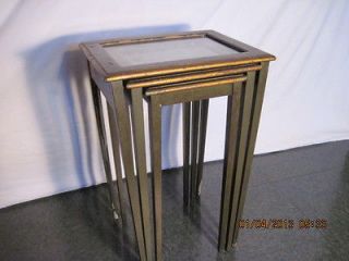 Vintage 3pc. Green and Gold Nesting Tables wood with glass top