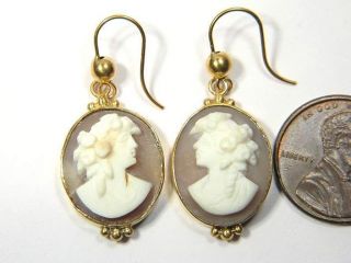 ANTIQUE GOLD CARVED SHELL CAMEO DROP EARRINGS c1880 GODDESS FLORA
