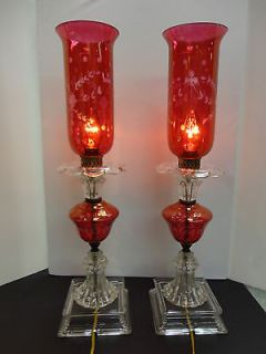 VINTAGE ORIGINAL RUBY RED AND CRYSTAL LAMPS (23.5 INCHES TALL, 6 INCH