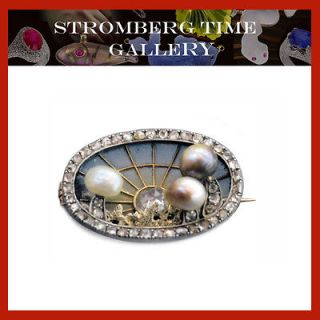 European 1890s Plique A Jour Antique Brooch Natural Pearls Diamonds
