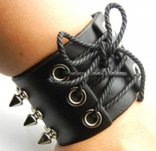 TEW139 Stirng Bow Metal Spike Black Leather Bracelet Wristband EMO