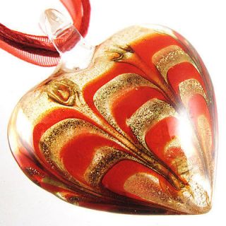 Red Feather shape Gold sand Ripple Heart Murano Art Glass Pendant
