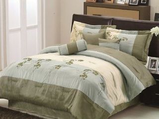 7pcs Aqua Beige Sage Green Embroidered Floral Comforter Set Bed in a