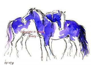 Gypsy Vanner Cob Piebald Pinto Pair Abstract Blue Horse Equine Art