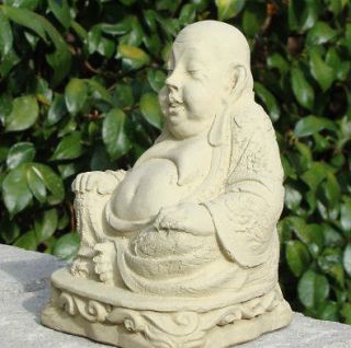 Stone WISE BUDDHA Garden Statue w/ Worn Detail Laughing Smiling Hotei