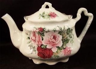 Arthur Wood Staffordshire England 6457 Teapot White Pink Red Roses