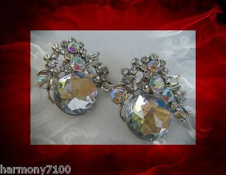 AB Crystal Aurora Borealis Clip On Earrings Drag Queen Pageant