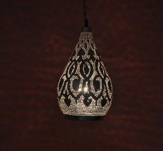 Handcrafted Moroccan Silver Plated Brass Hanging Lamp Light