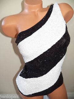 NWT Bebe Dress Bodycon black white sequin one off shoulder bodysuit