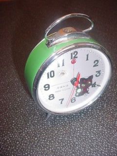 Vintage Golden Rooster Wind Alarm Clock Cat with Roving Moving Eyes in