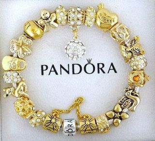 Authentic S Silver Pandora Charm Bracelet Golden Charms Purse Love