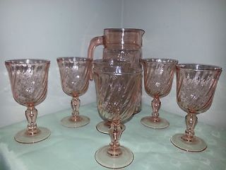 Vintage Pink Swirl Rosaline Glass Pitcher & 6 Water Goblets Arcoroc