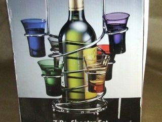 Silver Art Co Liquor Bottle Holder & 6 Colored Shot Glasses Barware