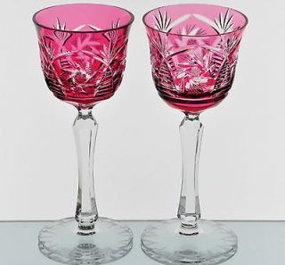 Echt Bleikristall German Cranberry Cut to Clear Crystal Wine Goblets