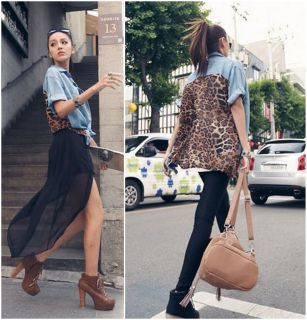 New Fashion Womens Retro Leopard Denim Spliced Pocket Vintage Casual