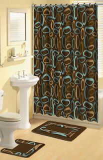 Oval Rings 15 Pcs Shower Curtain with Hooks Bathroom Bath Rug Set