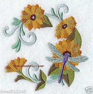 DRAGONFLY FLOWER WREATH   2 EMBROIDERED HAND TOWELS by Susan