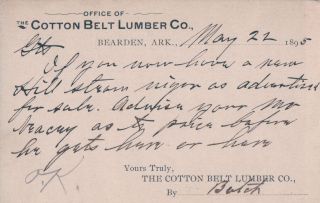 Bearden, AR, Cotton Belt Lumber Co, 1895, US Postal, Postcard 1.1