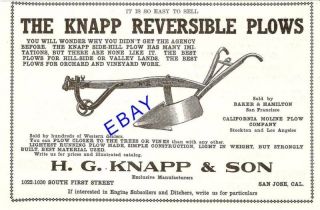 RARE 1915 KNAPP REVERSIBLE WALKING PLOW AD SAN JOSE CA