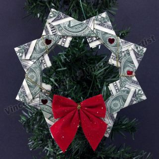 Beautiful Dollar Origami WREATH Made of Money Christmas Tree Ornament