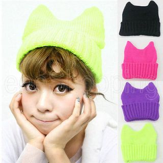 Korea Women Unisex Beanies Lovely Knit Cat Ear Ox Horn Beanie Warm