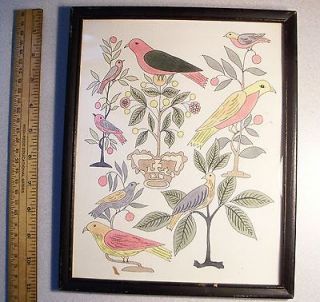 1969 Folk Art Fraktur Drawn & Painted Hilda Borcherding Birds Berries