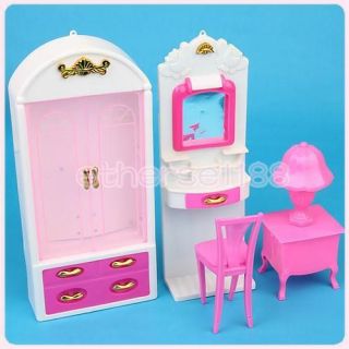 4pcs Pink Wardrobe Dressing Table Chair Bedroom Furniture Set for