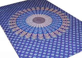 BLUE TWIN TAPESTRY Peacock INDIA ETHNIC Handmade BEDSPREAD~WALL