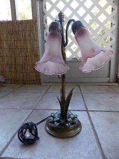Tiffany Style Pink Lily Blown Glass 2 Shade Table Lamp, WORKS!!
