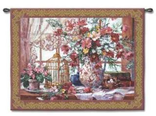 VICTORIAN FLORAL BIRD CAGE ART TAPESTRY WALL HANGING